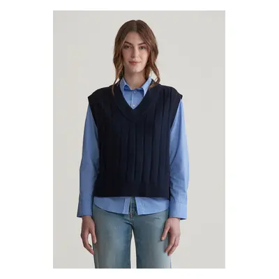 VESTA GANT WIDE RIBBED WOOL V-NECK VEST EVENING BLUE