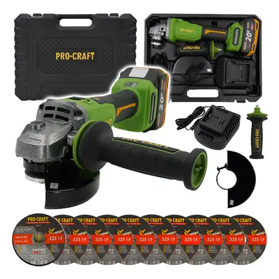 Procraft PWA220 20V - akumulátorová úhlová bruska + 10x řezný kotouč CD125x1.0b v kovovém boxu (