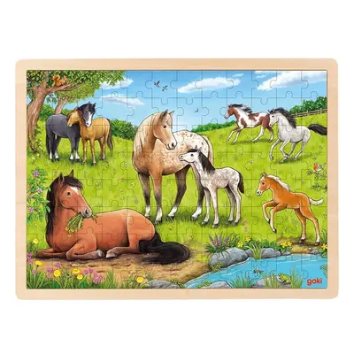 Puzzle na desce - Velké A3, Koně na louce, 96 dílků (Goki)