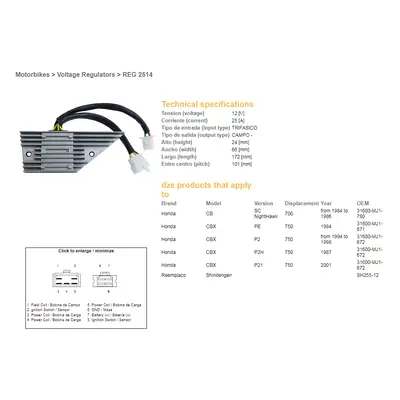 Regulátor napětí DZE ELEKTRYKA 02514-01 (DZE regulátor napětí HONDA CB 700 NIGH HAWK 84-86; CBX 