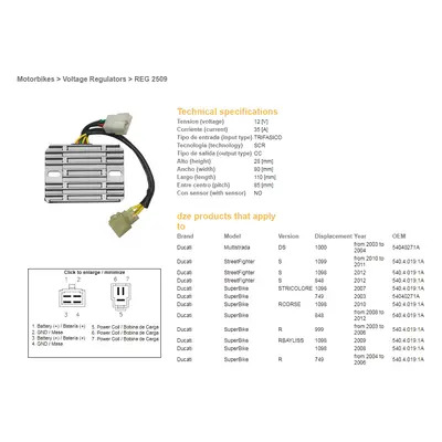 DZE regulátor napětí DUCATI DS 1000 MULTIstrada 03-04; DUCATI 749/848/999/1098/1099/1198 (OEM-54