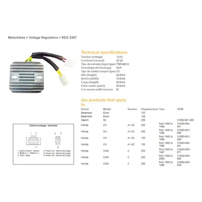 Regulátor napětí DZE ELEKTRYKA 02497-01 (DZE regulátor napětí HONDA cmX 250 REBEL 85-00; CN 250 