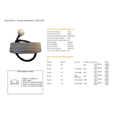 Regulátor napětí DZE ELEKTRYKA 02436-01 (DZE regulátor napětí SUZUKI DR 650 92-95; VS 600 INTRUD