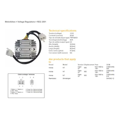 Regulátor napětí DZE ELEKTRYKA 02501-01 (DZE regulátor napětí HONDA NT V650 88-91 12V 35A (SH538