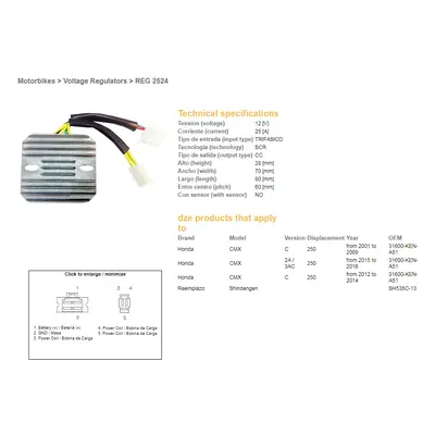 DZE regulátor napětí HONDA cmX 250 01-14 (31600-KEN-A51) (SH535C-13) (ESR181) (DZE regulátor nap