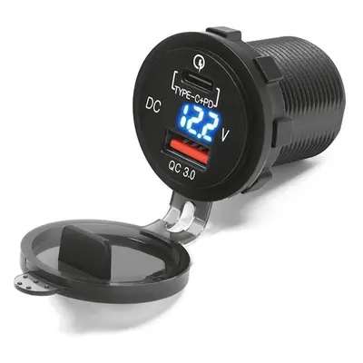 BIKETEC motocyklové dvojitá zásuvka USB QUICK CHARGE USB typ-C s osvětlením a voltmetrem pro mon