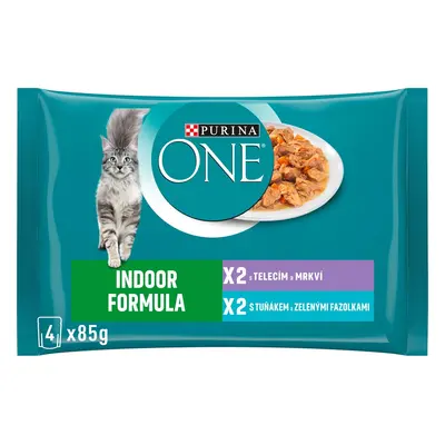 Purina ONE Indoor Tuňák se zelenými fazolkami a telecí s mrkví ve šťávě pro kočky (4×85g)