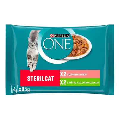 Purina ONE Sterilcat Krůtí se zelenými fazolkami a losos s mrkví ve šťávě pro kočky (4×85g)