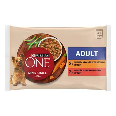 Purina ONE Mini Adult kuře a hovězí ve šťávě pro psy 4×85 g