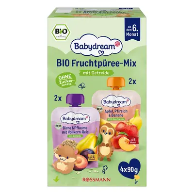 Babydream BIO Ovocné příkrmy jablko, broskev, banán + hruška, švestka, rýže (4×90 g)