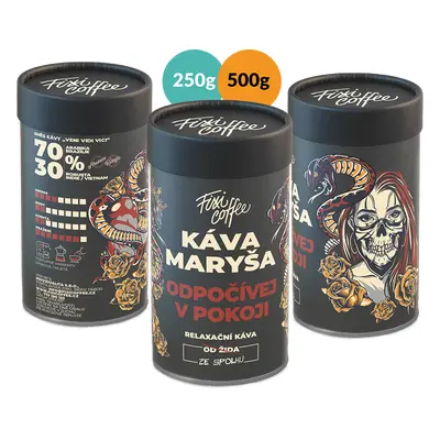 Fixi Coffee Káva Maryša – Odpočívej v pokoji jemně mletá / papírová tuba / 500 g