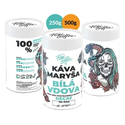 Fixi Coffee Maryša – Bílá vdova, bezkofeinová káva jemně mletá / papírová tuba / 250 g